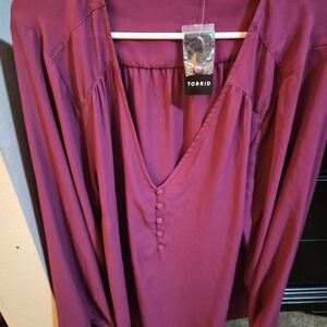 torrid Magenta Long Sleeve V-Neck Blouse